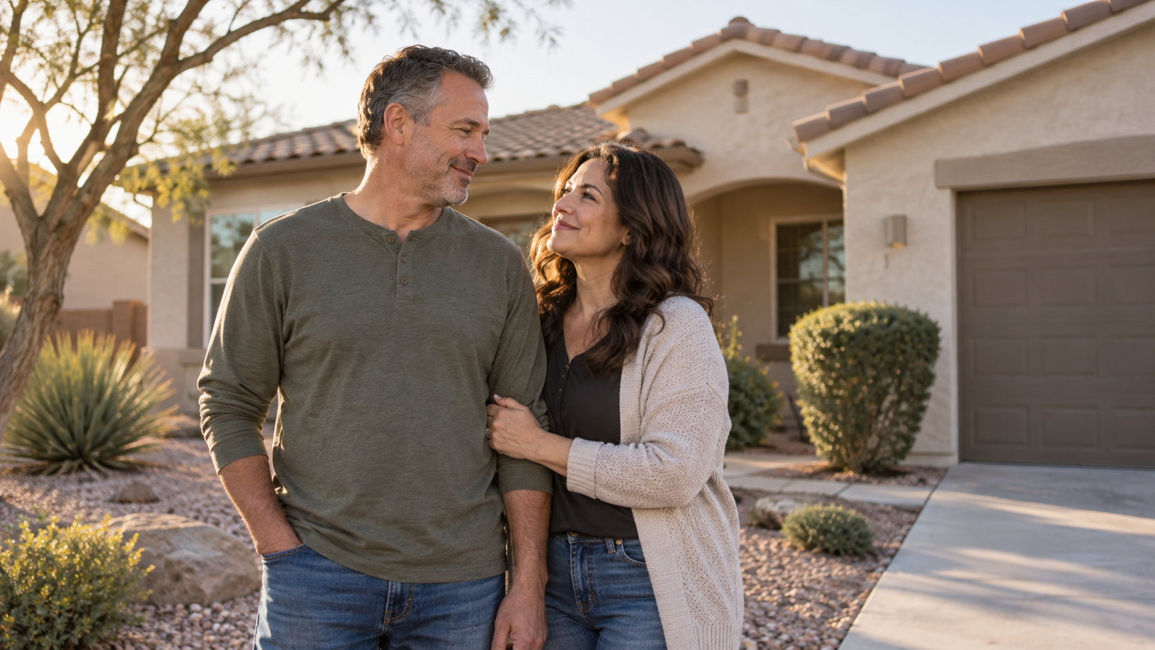 A couple sharing a relaxed moment outside a Las Vegas-style property