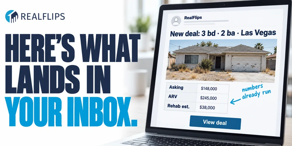 Here's what lands in your inbox: a RealFlips deal email with the asking price, ARV and rehab estimate already run.