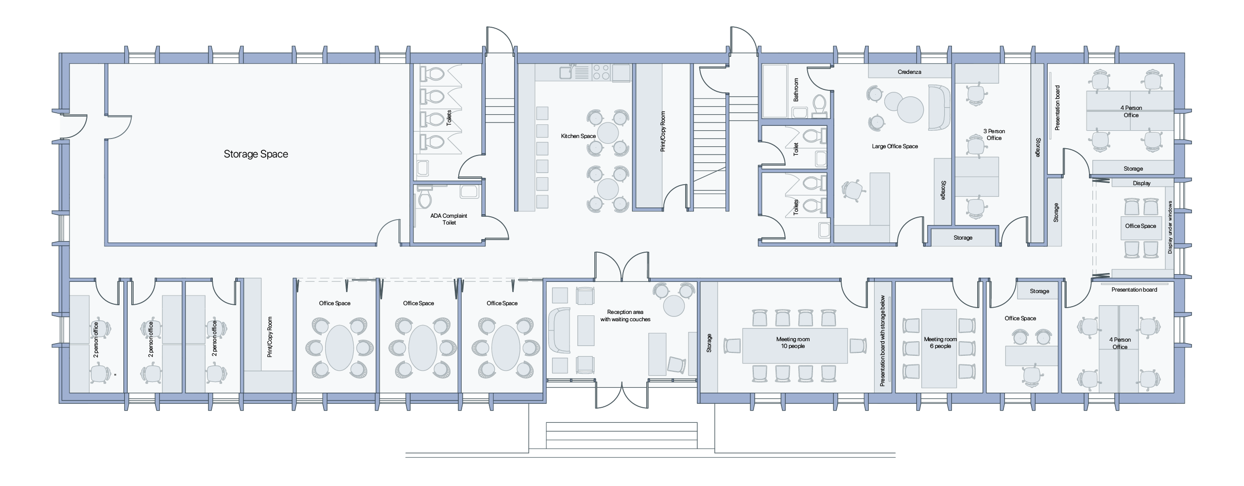 Floorplan of 11 S Orleans Street: a single long floor with private offices along the south side, meeting rooms and reception in the middle, and a kitchen, restrooms, and larger offices along the north side.
